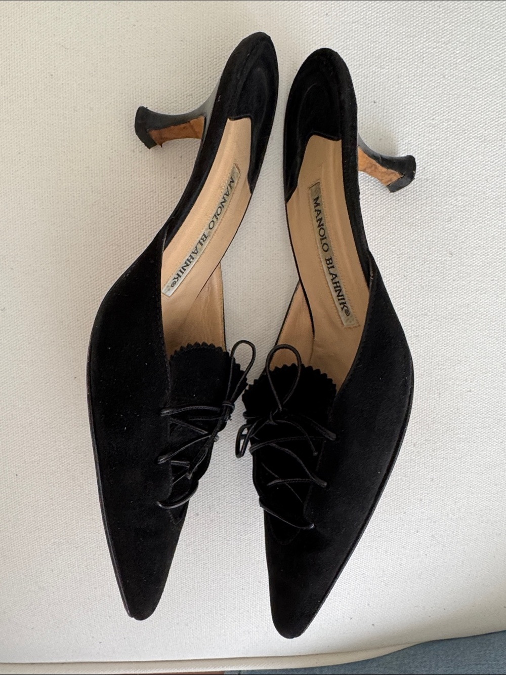 Manolo Blahnik Black Suede Lace Up Pointed Toe Kitten Heel Mules Y2K - Picture 5 of 9